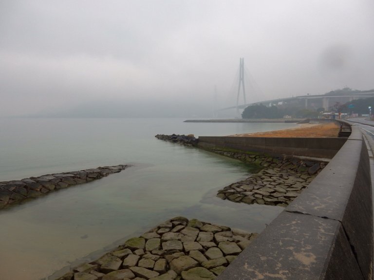 Tatara Bridge in the rain, seen from Oomishima